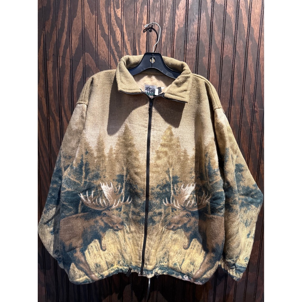 Vintage Cabin Fever Moose Tapestry Fleece Jacket Mens Large Full Zip Forest 90s